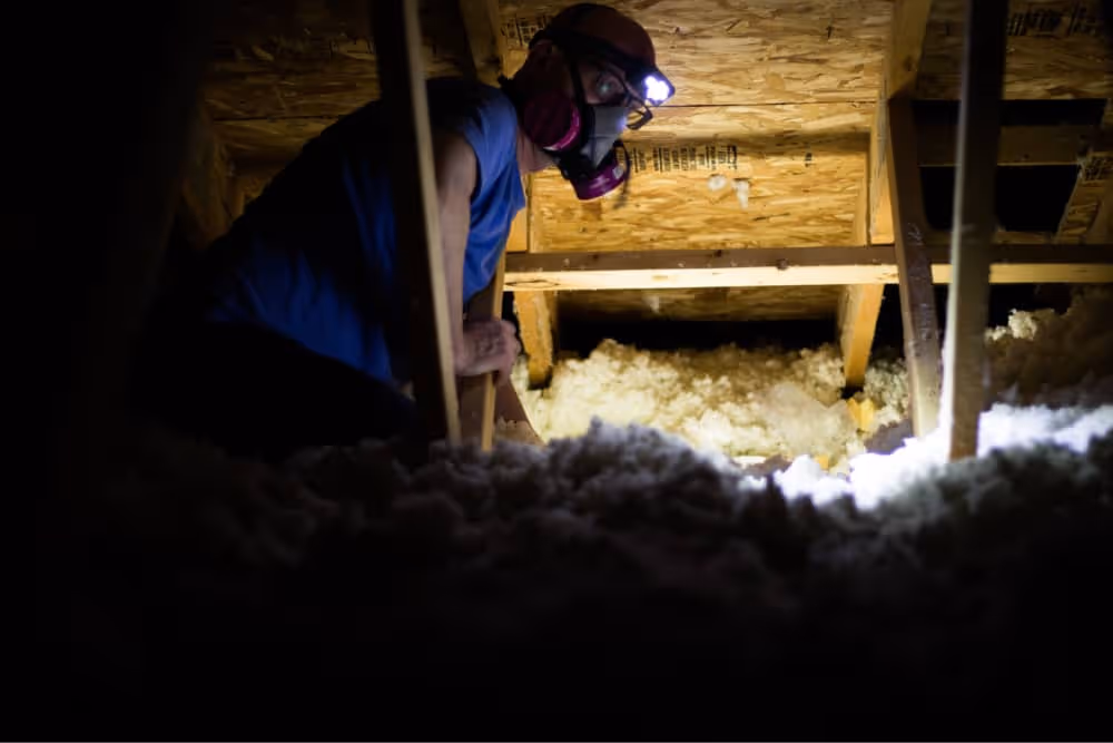 man inspecting attic insulation